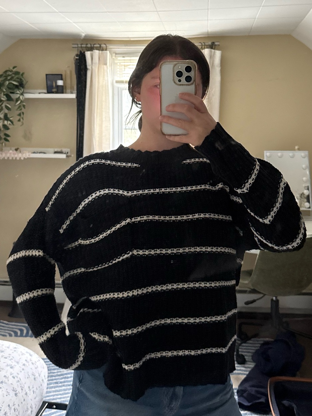 American Eagle Outfitters Black and White Striped Crewneck Sweater